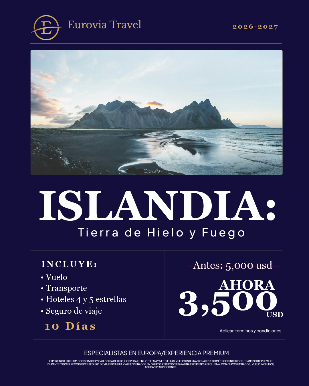 Islandia: Tierra de Hielo y Fuego · 10 días · desde $3,500 USD