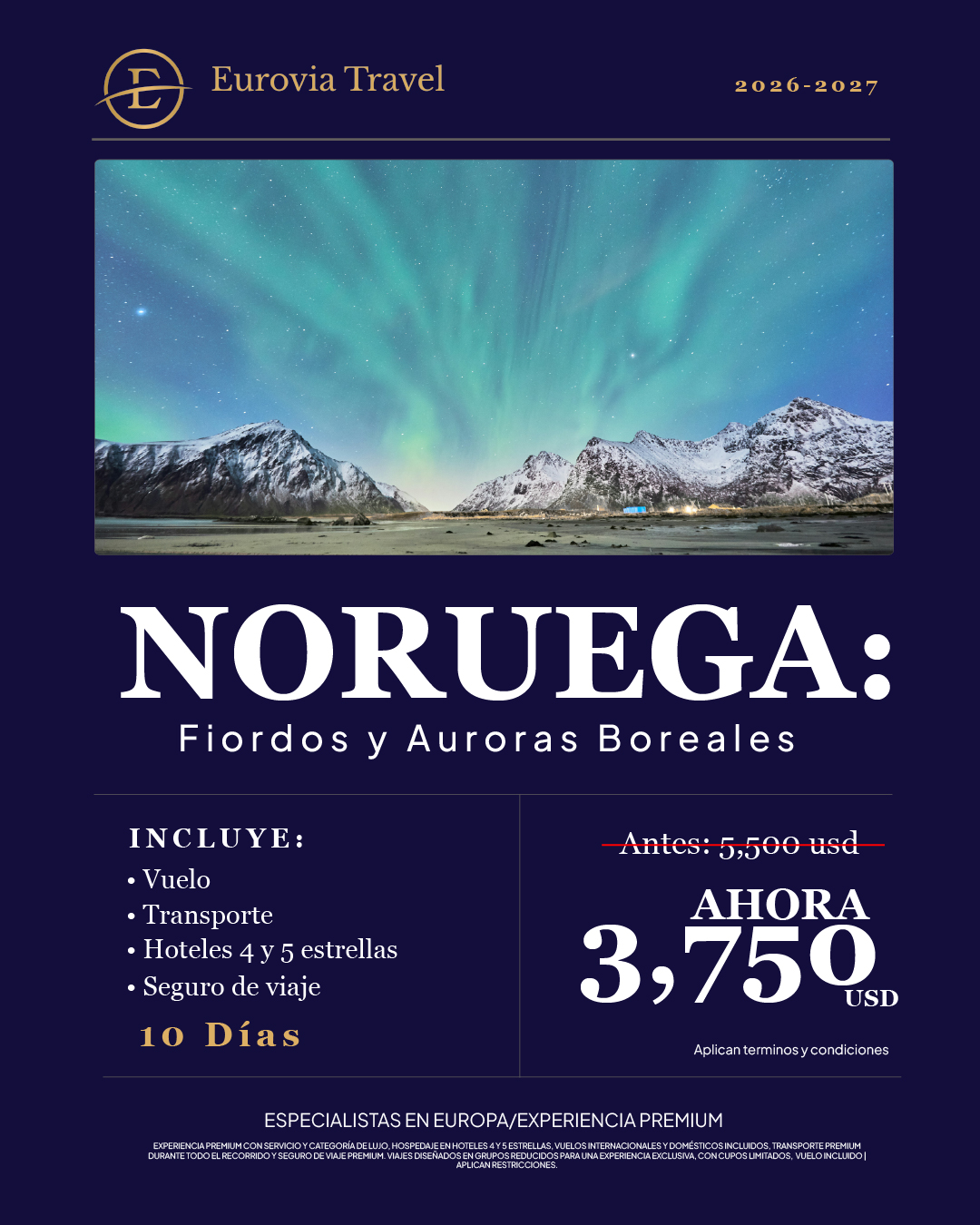Noruega: Fiordos y Auroras Boreales · 10 días · desde $3,750 USD